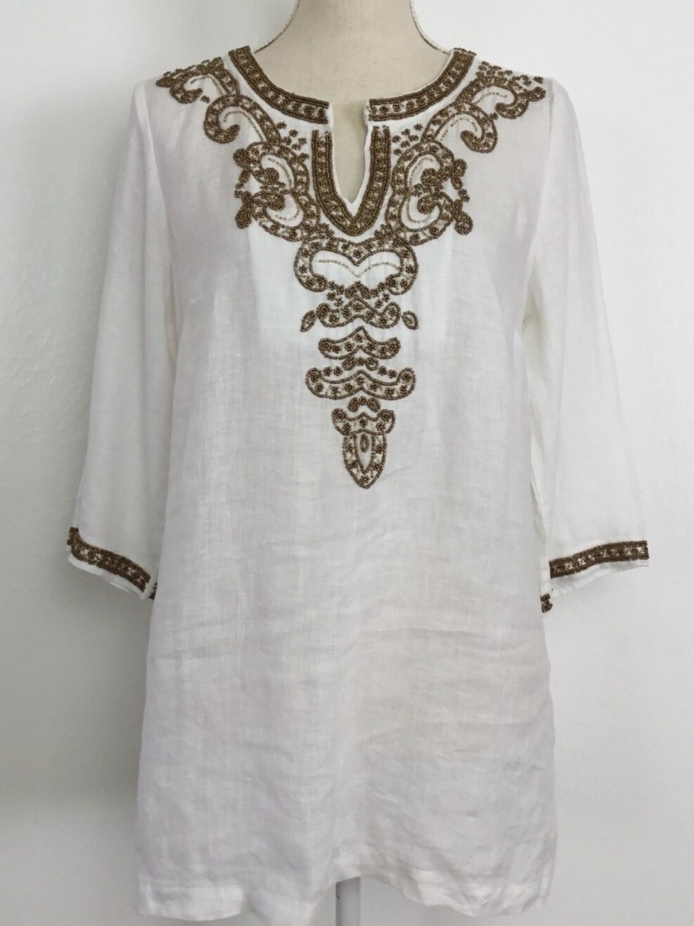 Chico’s White Linen Tunic Top Blouse M Beaded Embellished 3/4 Sleeve Boho - Picture 2 of 12
